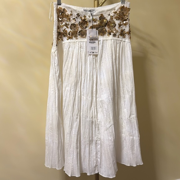 NWT Zara | White Gold Midi A-Line Skirt beaded bead lace - Picture 5 of 16